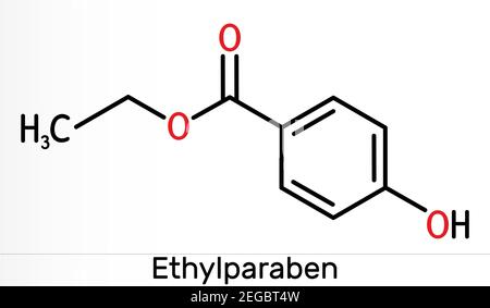 Etilparaben, etil para-idrossibenzoato, paraben, E214, etile, estere etilico, fitoestrogeno, antimicrobico, conservante, neuroprotettivo, antifungini, Foto Stock