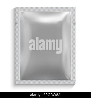 Mockup bustina di tè. Confezione di zucchero in foglio bianco vettoriale. Esempio di mascherina per sacchetti di plastica o di carta per cioccolato. Borsa bagnata in tovagliolo. Coperchio sonda cosmetica Illustrazione Vettoriale