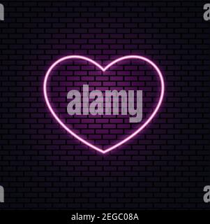 Luminosa luce al neon. Illustrazione del vettore del cuore al neon rosa su una parete di mattoni scuri. Cuore incandescente. Illustrazione Vettoriale