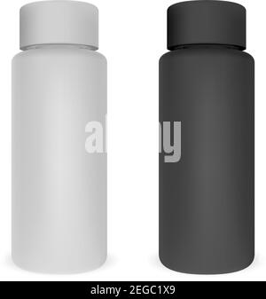 Set di flaconi tubolari per cosmetici. Scarica CAN cilindro. Pacchetto Shampoo rotondo realistico. Modello contenitore bianco e nero per gel, lozione, olio, sapone. Morbido Illustrazione Vettoriale