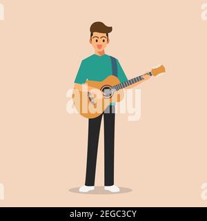 Uomo in piedi che tiene e suona la chitarra acustica. Illustrazione vettoriale. Illustrazione Vettoriale