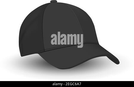 Modello cappello da baseball nero. Vector Hat Mockup isolato su bianco. Cappello Basic nero vuoto di sport Wear. Vista laterale. Articoli sportivi da tennis. Realistico Illustrazione Vettoriale