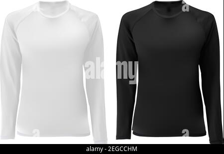 Modello T-shirt. Manica lunga nera, design bianco per maschio e femmina. Vista frontale. Stampa isolata di capi di abbigliamento sportivo. Undershir Illustrazione Vettoriale