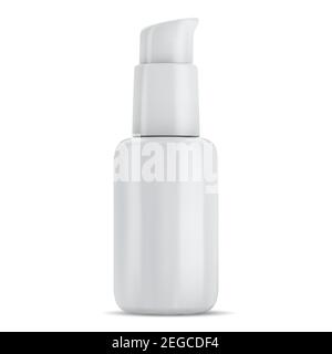 Bottiglia di lozione. Dispenser a pompa per shampoo. Confezione bianca per idratante a mano isolato su fondo bianco. Tubo in plastica b Illustrazione Vettoriale