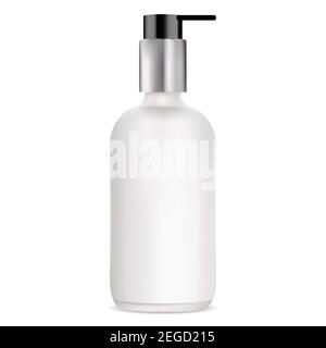 Flacone pompa. Contenitore per dispenser di gel in vetro bianco. pacchetto 3d con tappo in metallo argento per sapone, shampoo. Illustrazione della confezione del prodotto di bellezza. FO Illustrazione Vettoriale