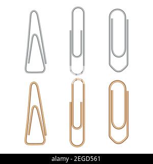 Graffetta. Clip per ufficio in metallo isolato su sfondo bianco. Argento realistico e legante dorato. Strumento di fissaggio cancelleria per pagina, scheda. Giallo Illustrazione Vettoriale