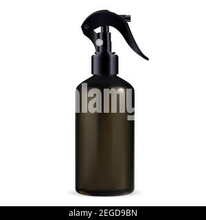 Flacone cosmetico spray a pistola. Modello per dispenser aerosol con grilletto per pulitore. Contenitore bianco realistico in plastica lucida con pompa per bagno Illustrazione Vettoriale