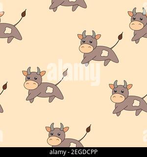 Vector animali piatti illustrazione colorata per i bambini. Motivo senza cuciture con toro carino su sfondo beige. Cartoon adorabile carattere. Progettazione per Illustrazione Vettoriale