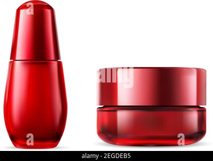 Set di vasetti in vetro e crema. Packaging Mockup Concept. Design di lusso per modelli estetici per Essence. Spray profumato. Toner rosso lucido e polvere con Illustrazione Vettoriale