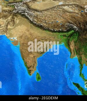 Mappa fisica dell'India e dell'Himalaya. Vista piatta e dettagliata del pianeta Terra. Illustrazione 3D - elementi di questa immagine forniti dalla NASA Foto Stock