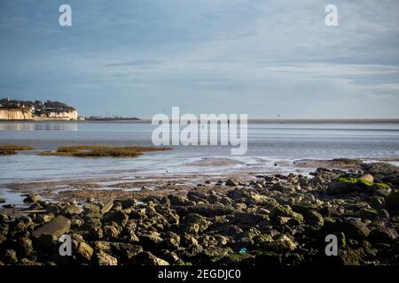 Paesaggio delle bianche scogliere e rocce verdi al bordo delle acque alla riserva naturale di Pegwell Bay, Kent, Inghilterra. Foto Stock