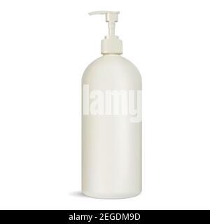 Flacone igienizzante per le mani. Confezione dispenser a pompa per la prevenzione da gel di alcool a virus in ufficio. Svuotare il contenitore 3d senza etichetta per lo shampoo da bagno Illustrazione Vettoriale
