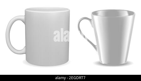 Mockup di tazza bianca. Bianco per tazza di caffè vettoriale isolato. modello 3d di tazza da tè classica. Packaging fotorealistico in porcellana per il branding delle identità aziendali Illustrazione Vettoriale