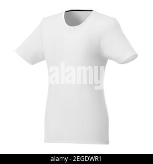 T-shirt da donna modello bianco. Modello sportivo a manica corta v collo vuoto. Elegante colletto casual raglan. Abito da ginnastica da donna. Abbigliamento moda 3d moc Illustrazione Vettoriale