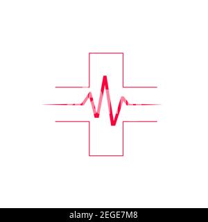 Medico di cardiologia più aiuto farmacia medica sanità disegno vettoriale logo. Illustrazione Vettoriale
