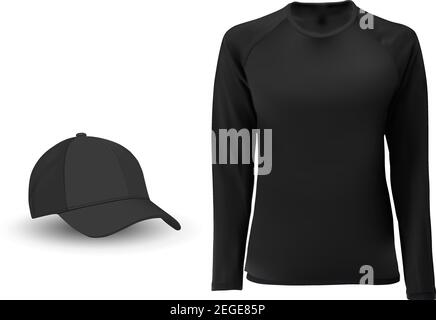 Camicia a manica lunga vuota. Modello Sport CAP 3d. Design nero vuoto. Vista frontale. Tuta da calcio femminile. Abbigliamento da basket mock-up. Moderna casual o spo Illustrazione Vettoriale
