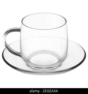 Tazza di vetro con piattino. Cappuccino trasparente, tazza di caffè latte. Elegante vetreria del ristorante allestito in modo originale. Riscaldare la bevanda piatti trasparenti realistici. Inglis Illustrazione Vettoriale