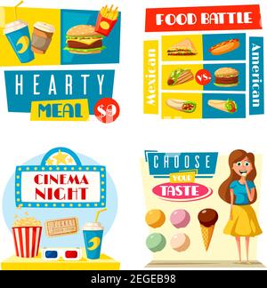 Poster fast food per bar cinema o fast food cafe bistrot. Disegno piatto vettoriale di ragazza donna con consegna pizza gelato, hamburger o sandwich e d caldo Illustrazione Vettoriale