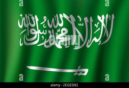 Bandiera dell'Arabia Saudita 3D dell'iscrizione calligrafica araba e della spada su sfondo di colore verde. regno Islamico nazione ufficiale bandiera nazionale sventolando wit Illustrazione Vettoriale