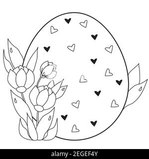 Carta di Pasqua. Uovo di Pasqua grande con cuori e un bouquet di fiori e foglie primaverili. Vettore. Linea nera, contorno. Illustrazione per design, arredamento, pri Illustrazione Vettoriale