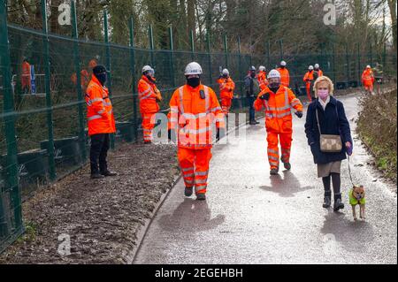 Aylesbury, Buckinghamshire, Regno Unito. 18 febbraio 2021. Dopo aver recintato un'area di bosco chiamata Spinney ad Aylesbury all'inizio di questa settimana, la scorsa notte chirurghi dell'albero che lavorano per HS2 Ltd erano abbattimento alberi nelle prime ore di questa mattina. Lo stavano facendo proprio accanto alla ferrovia esistente, con il potenziale di causare un incidente in quanto i treni stavano ancora passando accanto al abbattimento. HS2 Ltd non sono stati in grado di fornire una copia di una licenza di fauna selvatica da Natural England che permette loro di cadere in questa zona. La High Speed Rail 2 da Londra a Birmingham mette a disposizione 693 siti di fauna selvatica, 33 SSSI e 10 Foto Stock