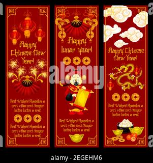 Happy cinese lunare Capodanno banner di saluto di simboli e decorazioni tradizionali cinesi. Dieroglifo di moneta d'oro vettoriale, lanterna di carta rossa o band Illustrazione Vettoriale