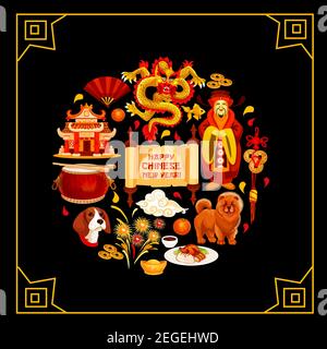 Felice cinese Capodanno saluto su carta scroll per la Cina tradizionale primavera lunare vacanza. Simboli cinesi vettoriali e decorazioni dorate del drago, g Illustrazione Vettoriale
