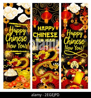 Happy Chinese New Year banner di saluto di drago d'oro, tangerini e monete d'oro o lingotto. Vettoriale tradizionali fuochi d'artificio cinesi in nuvole, gnocchi Illustrazione Vettoriale