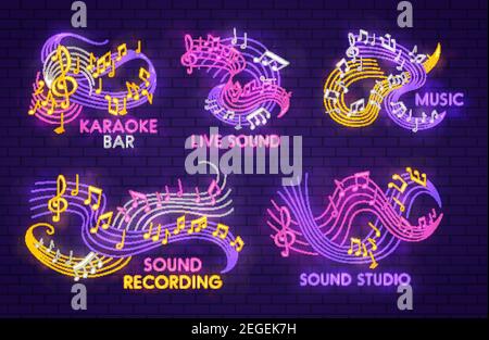 Nota musicale con segnale luminoso al neon per il karaoke bar, lo studio di registrazione del suono o il modello di concerto jazz dal vivo. Notazione musicale simbolo di nota luminosa e di zio degli alti Illustrazione Vettoriale