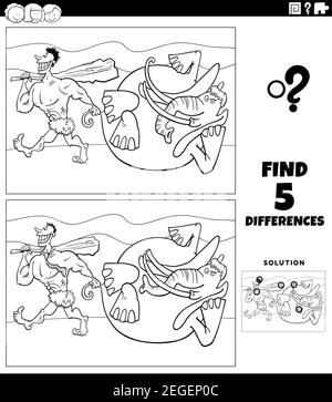 Cartoni animati in bianco e nero illustrazione di trovare le differenze tra immagini gioco educativo con uomo preistorico o caveman con mammut colorina Illustrazione Vettoriale