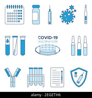 Set di icone coronavirus COVID-19 vaccinazione, calendario, fiale di vaccino, siringa, coronavirus, calendario, schermo, test, provetta per analisi del sangue, termomet Illustrazione Vettoriale