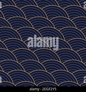 Motivo orientale senza cuciture con contorni dorati onde su sfondo blu scuro. Illustrazione vettoriale. Illustrazione Vettoriale