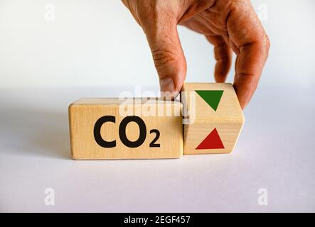 Simbolo modifiche CO2. Parole concettuali 'CO2' sui cubi su un bel tavolo bianco, sfondo bianco. Mano uomo d'affari. Concetto di cambiamenti aziendali e CO2. COP Foto Stock