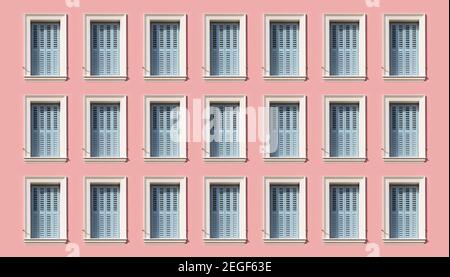 Finestre persiane in legno su sfondo muro dipinto di colore rosa pastello. Finestre chiuse di stile europeo pallido blu con cornice ornamentale sull'edificio degli appartamenti Foto Stock