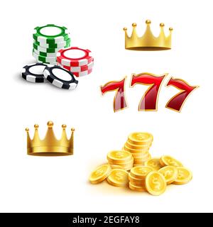 Icona casino 3d per i temi del settore del gioco d'azzardo e del gioco d'azzardo. Chip di gioco, moneta, jackpot fortunati sette e corona d'oro simbolo isolato. Online ca Illustrazione Vettoriale