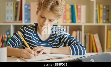 Smart Little Boy utilizza il laptop per l'apprendimento, scrive informazioni utili. Apprendimento a distanza, e-Education, e-Learning, concetto di Homeschooling. Verticale Foto Stock