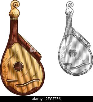 Bandura ucraino strumento musicale schizzo isolato. Bandura o kobza string string folkloristico strumento di Ucraina con corpo di legno e corde per ethn Illustrazione Vettoriale