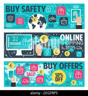 Banner di acquisto online sicuro per e-commerce e concetto di sicurezza dei pagamenti online. Acquisti online con computer desktop e telefono cellulare utilizzando Protect Illustrazione Vettoriale