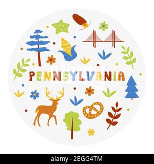 Collezione USA. Illustrazione vettoriale del tema Pennsylvania. Simboli di stato - forma rotonda Illustrazione Vettoriale