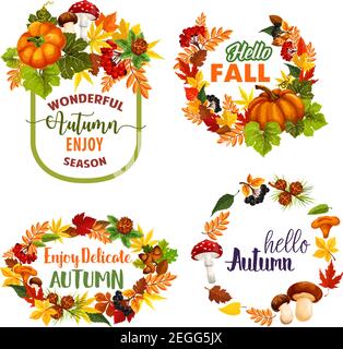 Ciao autunno o benvenuto autunno stagionale saluto citazioni design. Vettore isolato icone insieme di autunno foglia d'acero corona, zucca e raccolta di frutti di bosco di rowan, Illustrazione Vettoriale