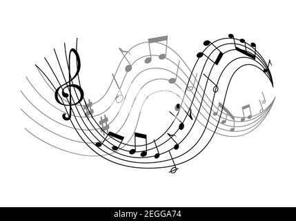 Note musicali sul banner vettoriale in scala. Musical sheet design, simbolo di melodia in bianco e nero. Note musicali su stave, isolate su backgr bianco Illustrazione Vettoriale