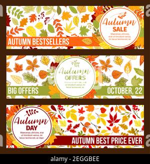 Banner di offerte autunnali o di sconti autunnali per la promozione autunnale dello shopping stagionale. Vector vendita Bestseller design di acero o castagno e pioppo foglia, rovere Illustrazione Vettoriale