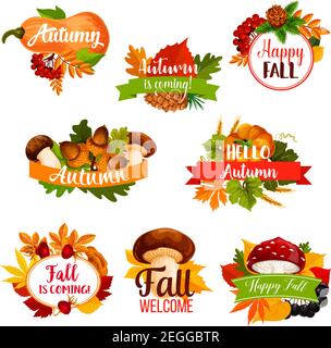 Ciao Autunno o autunno è venuta icona con le citazioni di saluto stagionale. Serie vettoriale di raccolta di zucca o di bacche di rowan e funghi della foresta, autunno caduta le Illustrazione Vettoriale