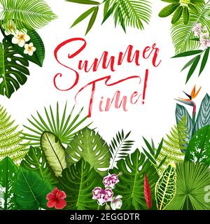 Poster della stagione estiva con fiore tropicale e foglia di palma esotica. Vacanze estive e banner vacanza spiaggia tropicale con giungla floreale cornice di pa Illustrazione Vettoriale