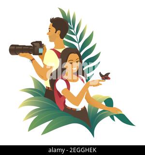 Giovane coppia viaggia nella giungla. Un uomo scatta foto con una macchina fotografica. La ragazza ammira una farfalla tropicale. Illustrazione vettoriale su sfondo bianco. Foto Stock