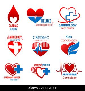 Icona della medicina cardiologica e della chirurgia cardiaca per la progettazione di cure mediche. Simbolo di cuore, linea e croce del battito cardiaco, goccia di sangue e foglia isolata per Illustrazione Vettoriale