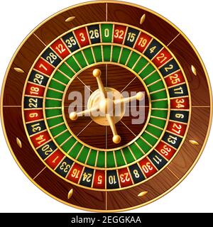 Casinò roulette gioco ruota vettore 3d del settore del gioco d'azzardo. Roulette di stile francese o americano con pista di palla di legno e torretta dorata per il casin in linea Illustrazione Vettoriale