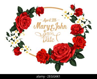 Salva il disegno della scheda di invito del matrimonio della data di rose rosse fiore modello in cornice con nome sposa e sposo. Vettore rose floreali bouquet per il matrimonio Illustrazione Vettoriale