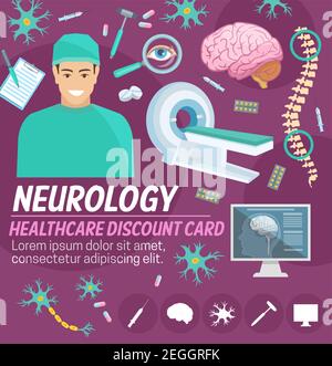 Tessera di sconto per la medicina neurologica per la progettazione di ospedali o cliniche mediche. Medico neurologo con pillola, siringa e strumento, cervello, colonna vertebrale, neurone e MRI Illustrazione Vettoriale