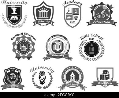 Icone vettoriali di università, università e università. Badge shield per laureati in scienze, musica e diritto. Nastri di cappello di bachelor, la Illustrazione Vettoriale